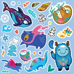 Fototapete Unter dem Meer Lovely collection of blue stickers. Fantasy cartoon animals and creatures vector illustration