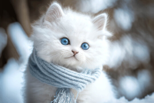 Cute white fluffy blue eyed kitten wearing a light blue knitted scarf in the winter forest, AI generated image