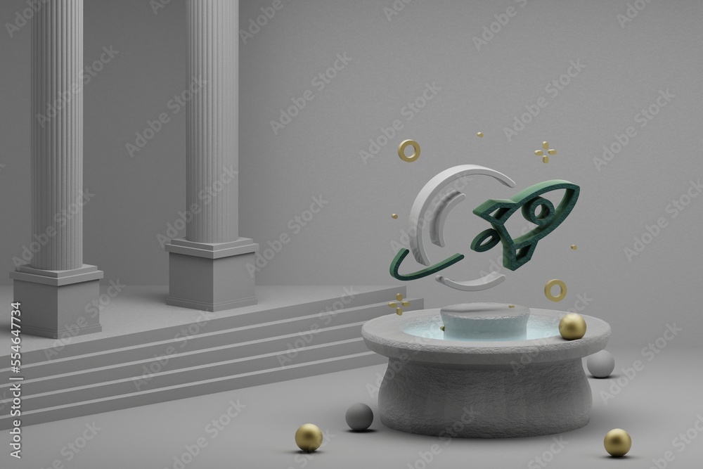 Aufkleber Beautiful abstract illustrations Rocket and start symbol icon on a fountain and column background. 3d rendering illustration. Background pattern for design. Space exploration.