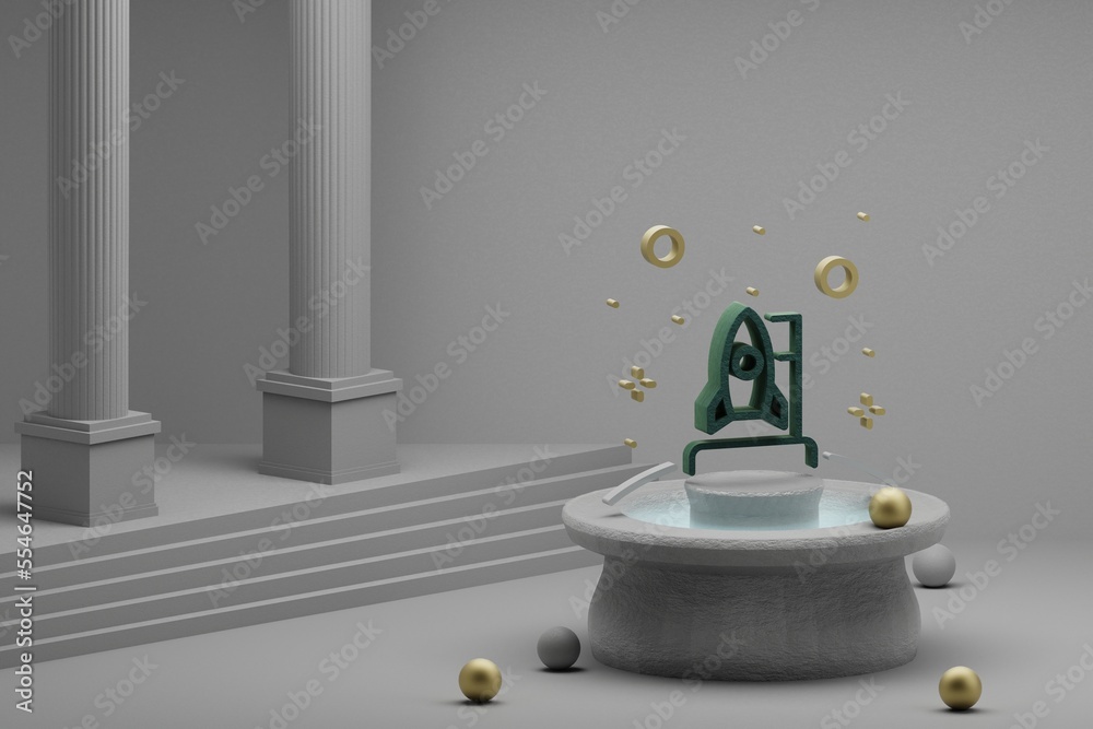Aufkleber Beautiful abstract illustrations Rocket and start symbol icon on a fountain and column background. 3d rendering illustration. Background pattern for design. Space exploration.