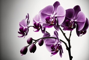 Purple orchid blooms against a white background. Generative AI