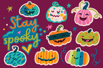 Stay spooky sticker set. 8 funny pumpkin faces in cartoon style