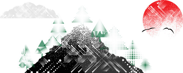 Mountain silhouettes with sun and trees, textured with halftone dots textures. Peaks in sunset. Transparent background .Overlay texture . Fog over mountain landscape . Summit and sunset logo .Vector 