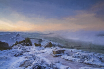 Digital oil painting of a winter sunrise cloud inversion, and snow at The Roaches, Staffordshire