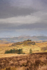 Fototapeta premium Digital oil painting of bleak winter panoramic view of Baldstone, and Gib Torr in the Peak District National Park.