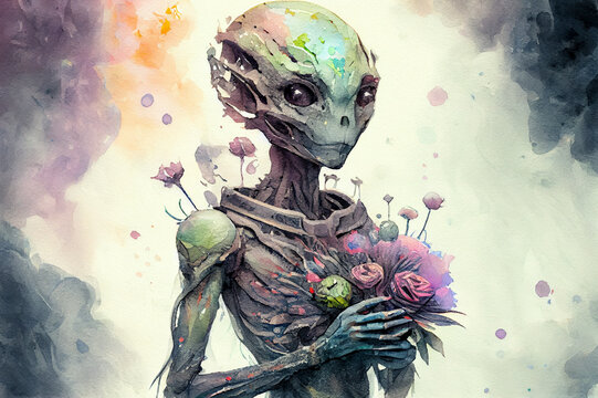 Humanoid alien holding bouquet of flowers, generative ai illustration