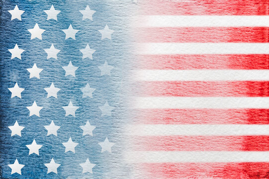 Bright, beautiful watercolor drawing of the American Flag. Greeting card layout. Closeup, textured surface. Congratulations for family, loved ones, relatives, friends and colleagues