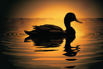 A duck silhouetted in the water at dawn or silhouette, swimming on a lake or river. Generative AI