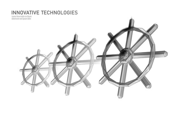 Wheel helm computer developer app concept. Business digital open source program. Data coding steering 3D low polygonal vector line illustration