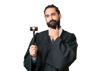 Judge caucasian man over isolated chroma key background having doubts and thinking