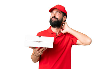 Pizza delivery man with work uniform picking up pizza boxes over isolated chroma key background having doubts