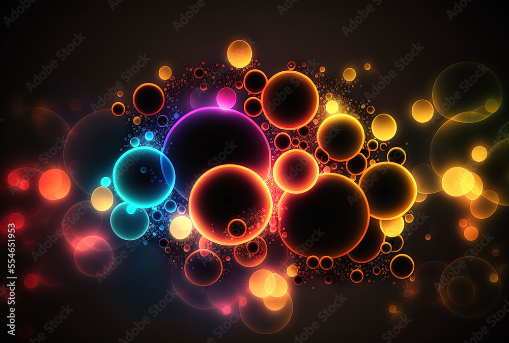 Poster bokeh style neon abstract circles. beautiful particle based backdrop. generative ai