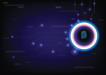 Modern fingerprint scan with glowing computer circuit board. Biometric data security. Dashboard display. Futuristic touch screen panel with sensor button. Vector illustration.