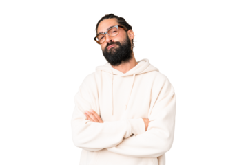 Young man with beard over isolated chroma key background feeling upset