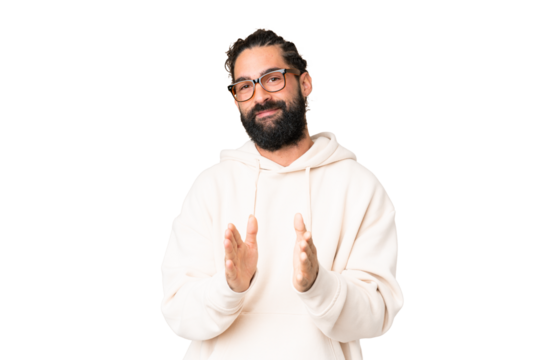 Young man with beard over isolated chroma key background applauding after presentation in a conference