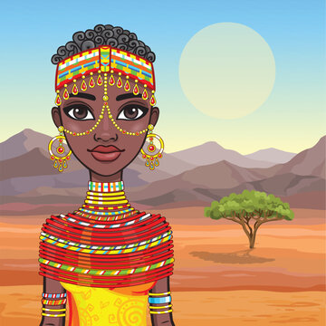 Portrait of a beautiful African girl in ancient clothes. Background - the desert. Vector illustration.