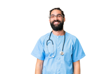 Young doctor man over isolated chroma key background with glasses and happy