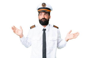 Airplane caucasian pilot man over isolated chroma key background having doubts while raising hands