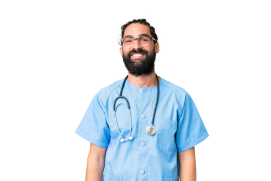 Young doctor man over isolated chroma key background with glasses and happy