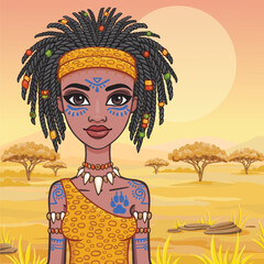 Animation portrait of the girl  amazon. Background - a landscape of the African savanna. Vector illustration.