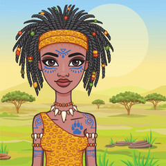 Animation portrait of the girl  amazon. Background - a landscape of the African savanna. Vector illustration.