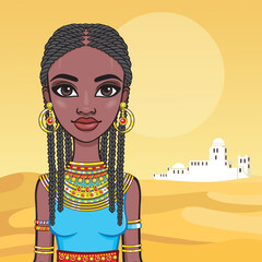 Animation portrait of a young African woman with dreadlocks. Background - landscape desert, ancient house. Vector illustration.	
