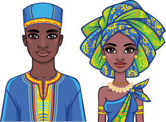 Animation portrait of the African family in bright ethnic clothes. Vector illustration isolated on a white background.