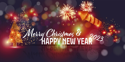 Bokeh and glitter background with light effects. Christmas and New Year greeting card - banner with golden plants and dissolve effect. Happy New Year!