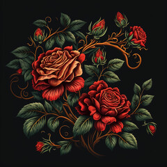 Red roses pattern on black background. Illustration or design asset. 