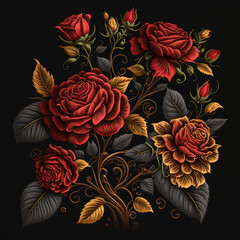 Red roses pattern on black background. Illustration or design asset. 
