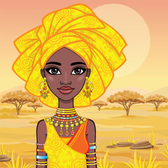 Animation portrait of the attractive African girl in a turban. Bright ethnic clothes. Background - a landscape of the African savanna. Vector illustration.