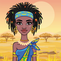 Animation portrait of the attractive African girl. Bright ethnic clothes. Background - a landscape of the African savanna. Vector illustration.