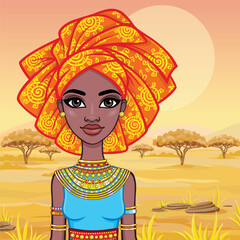 Animation portrait of the attractive African girl in a turban. Bright ethnic clothes. Background - a landscape of the African savanna. Vector illustration.