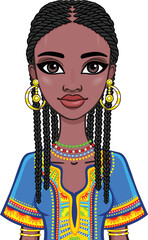 Animation portrait of the attractive African girl. Bright ethnic clothes. The vector illustration isolated on a white background.