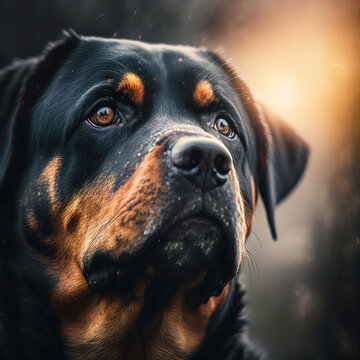 Rottweiler portrait, photography style. Alert dog.