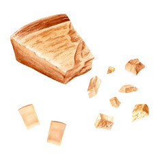 Parmesan type hard cheese set. Watercolor illustration isolated on white background