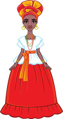 Animation portrait of the attractive Brazilian girl. Bright ethnic clothes. Full growth. The vector illustration isolated on a white background.