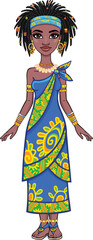 Animation portrait of the attractive African girl. Bright ethnic clothes. Full growth. The vector illustration isolated on a white background.