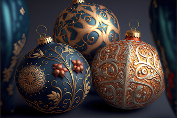 Christmas ornament baubles, blue and gold with patterns, neutral grey background.