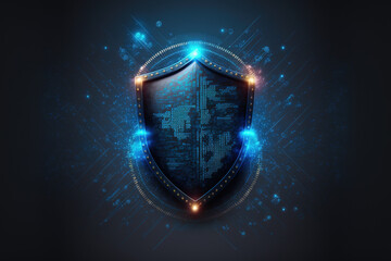 Antivirus, cyber protection against viral threats. Digital shield on a blue background with internet connections and data transfers.