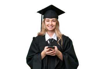 Young university English graduate woman over isolated background sending a message with the mobile