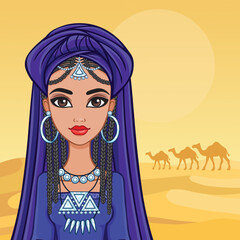 Animation portrait of the Arab princess in a turban. A background - the desert, a caravan of camels. Vector illustration.