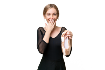 Young English woman practicing ballet over isolated background happy and smiling covering mouth with hand