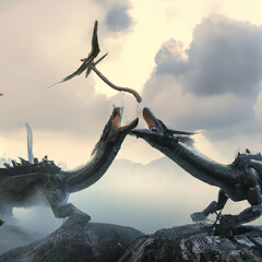 jurrasic dinasours dragon fighting Watercolor Fantasy world digital art