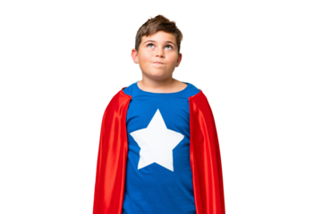 Super Hero caucasian kid over isolated chroma key background and looking up