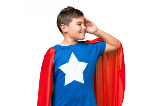 Super Hero caucasian kid over isolated chroma key background has realized something and intending the solution