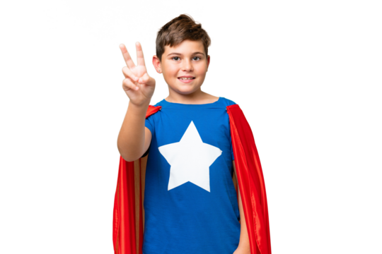 Super Hero caucasian kid over isolated chroma key background smiling and showing victory sign
