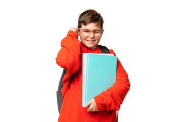 Little caucasian student kid over isolated chroma key background frustrated and covering ears