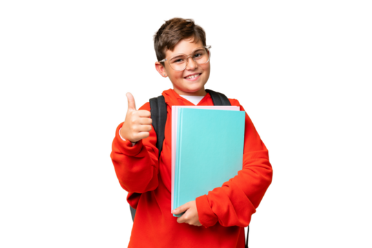 Little caucasian student kid over isolated chroma key background with thumbs up because something good has happened