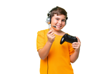 Little caucasian kid playing with a video game controller over isolated chroma key background making money gesture